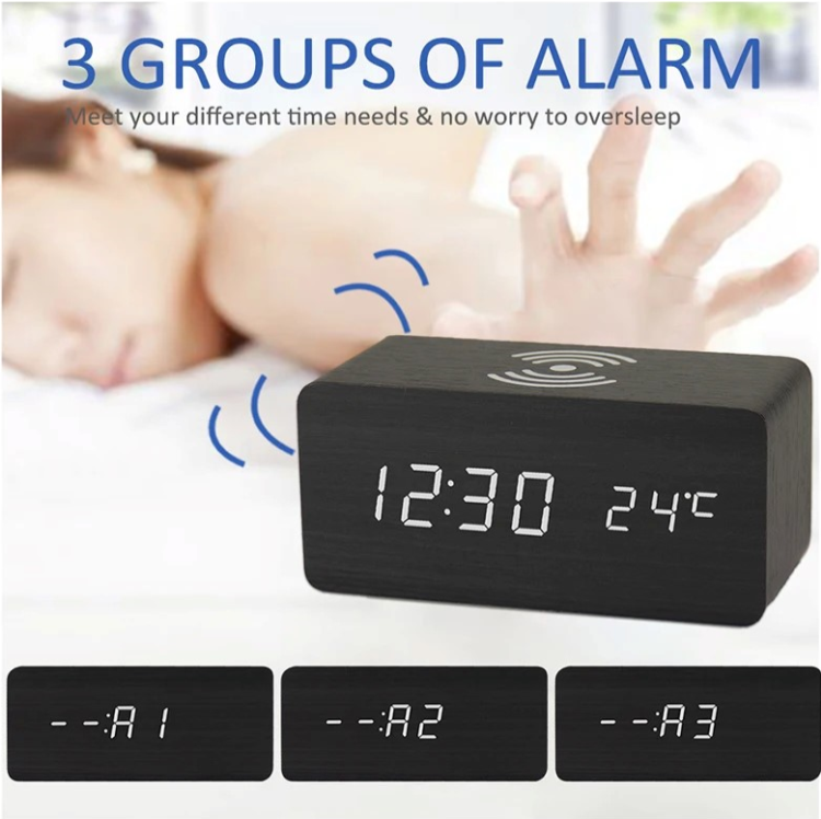 10w qi wireless charging wood texture alarm clock 3 alarms