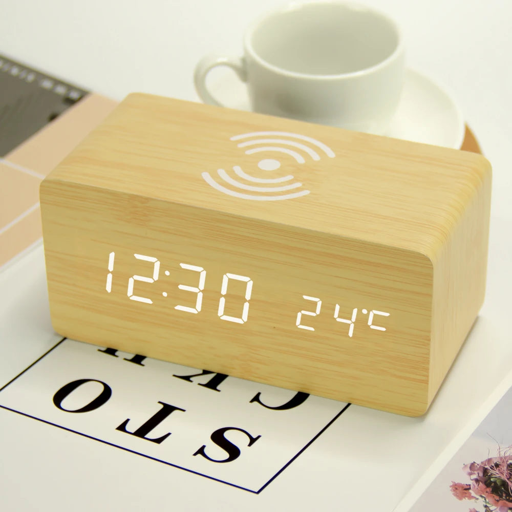 10w qi wireless charging wood texture alarm clock bamboo