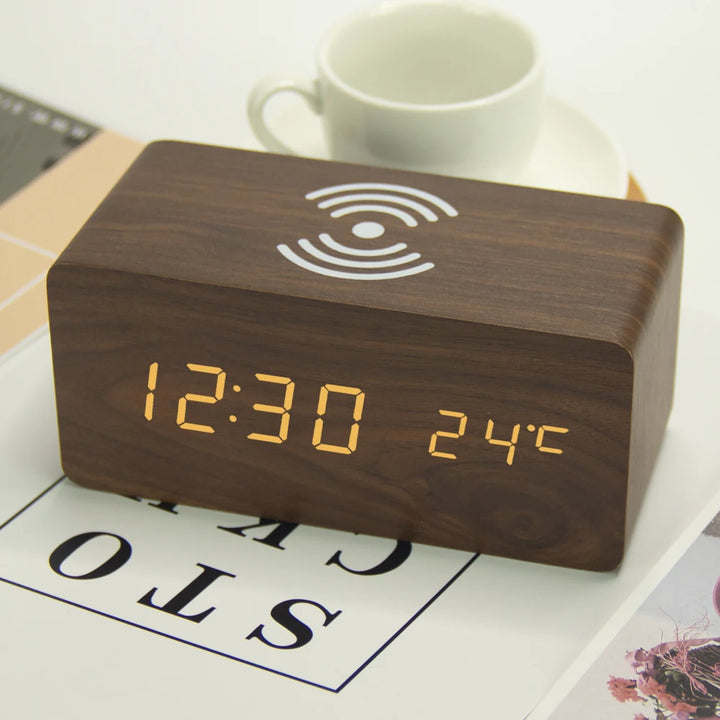 10w qi wireless charging wood texture alarm clock brown