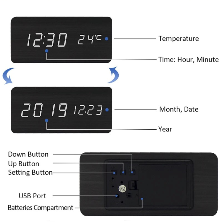 10w qi wireless charging wood texture alarm clock display and usage diagram