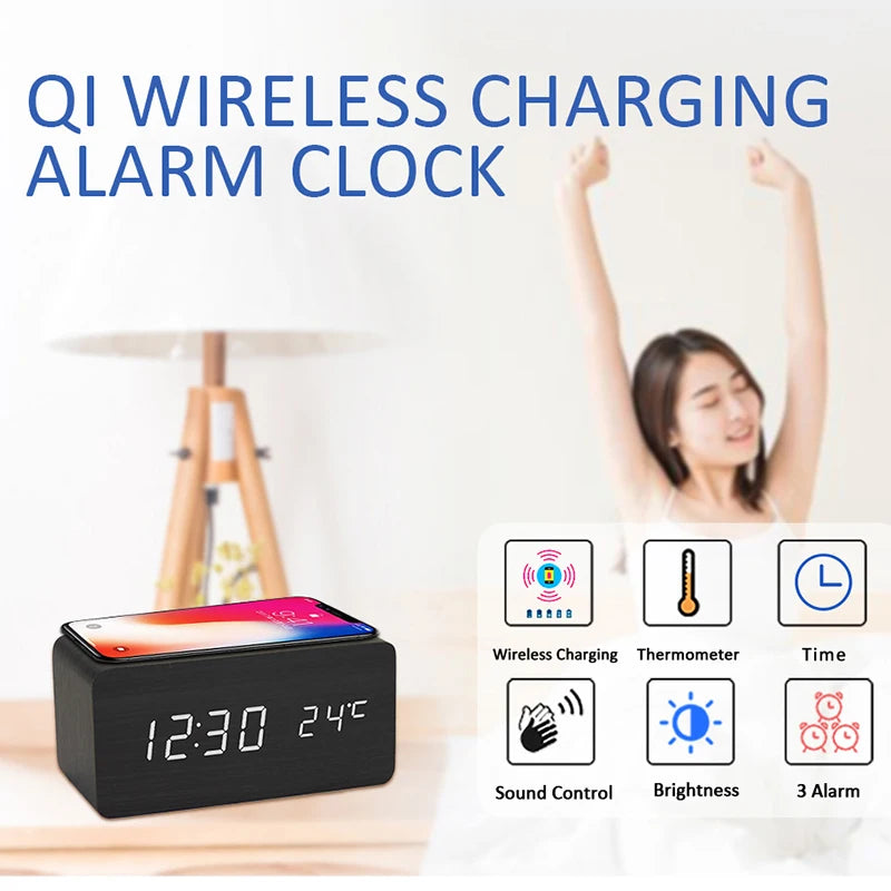 10w qi wireless charging wood texture alarm clock features
