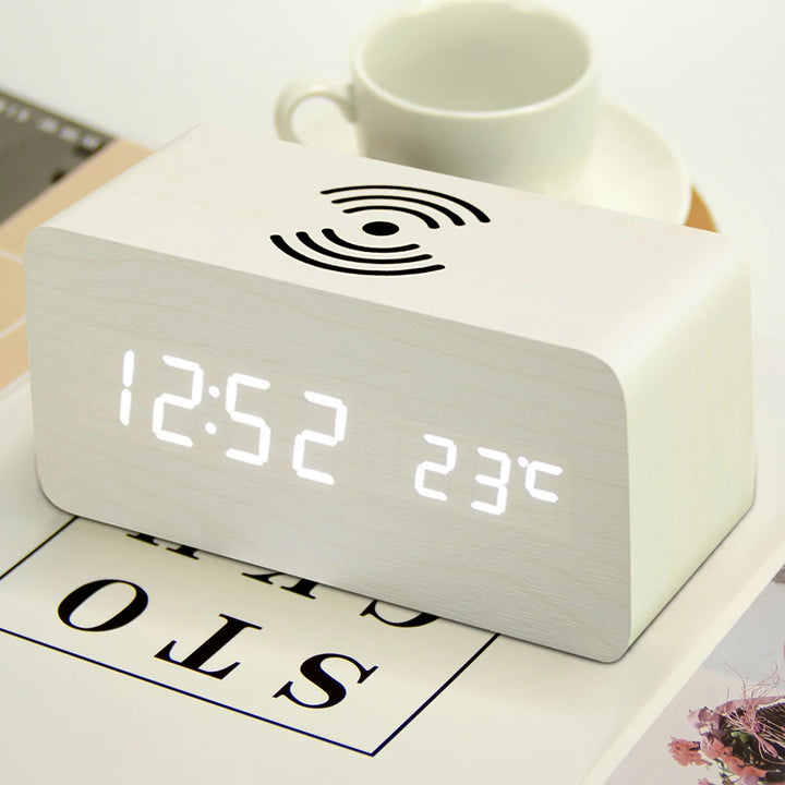 10w qi wireless charging wood texture alarm clock white