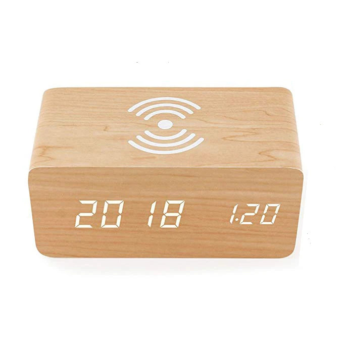 10w qi wireless charging wood texture alarm clock wood