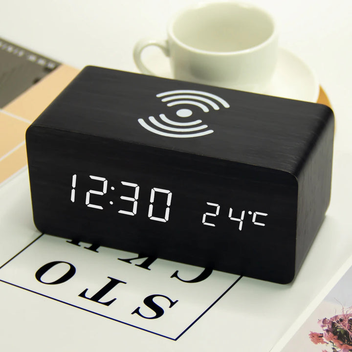10w qi wireless charging wood texture alarm clock