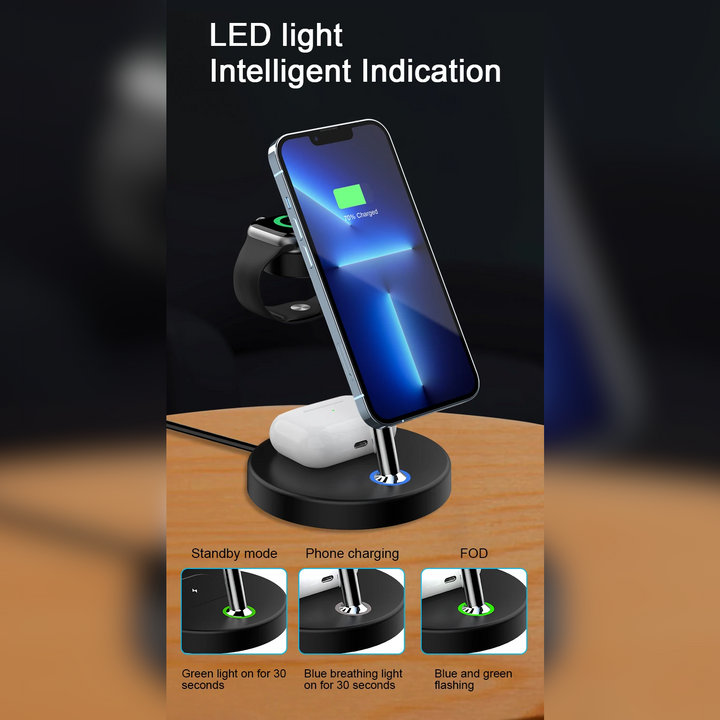 15w 3 in 1 wireless charging stand with led indicator indication light