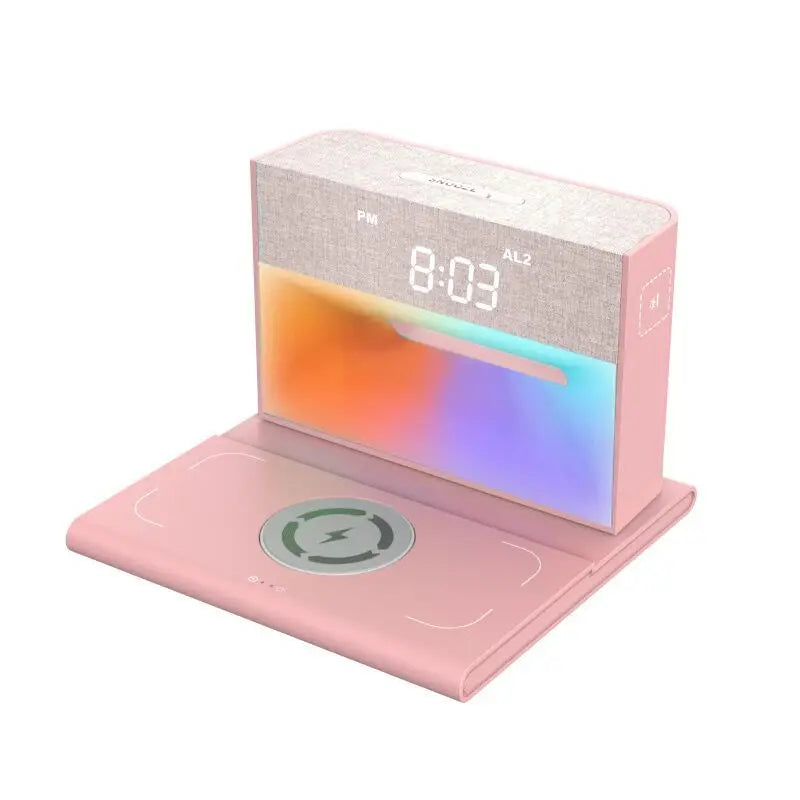 15w fast wireless charging alarm clock with bluetooth speaker pink