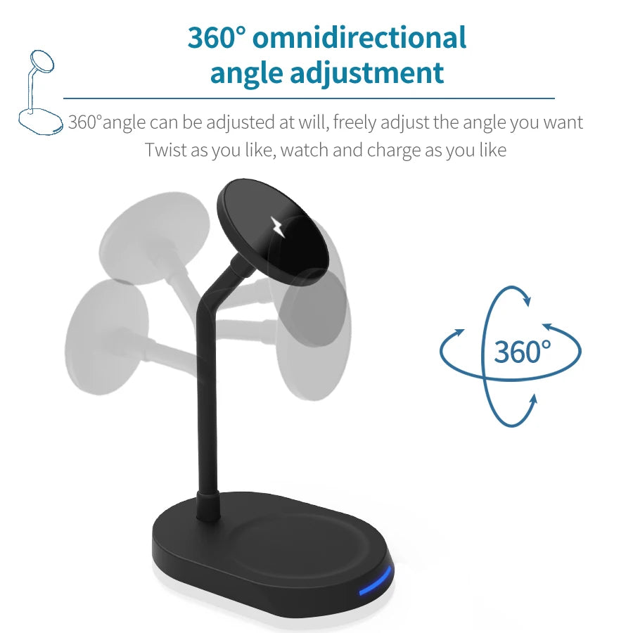 15w magnetic dual wireless charging stand for phone and earbuds 360 degree adjustment