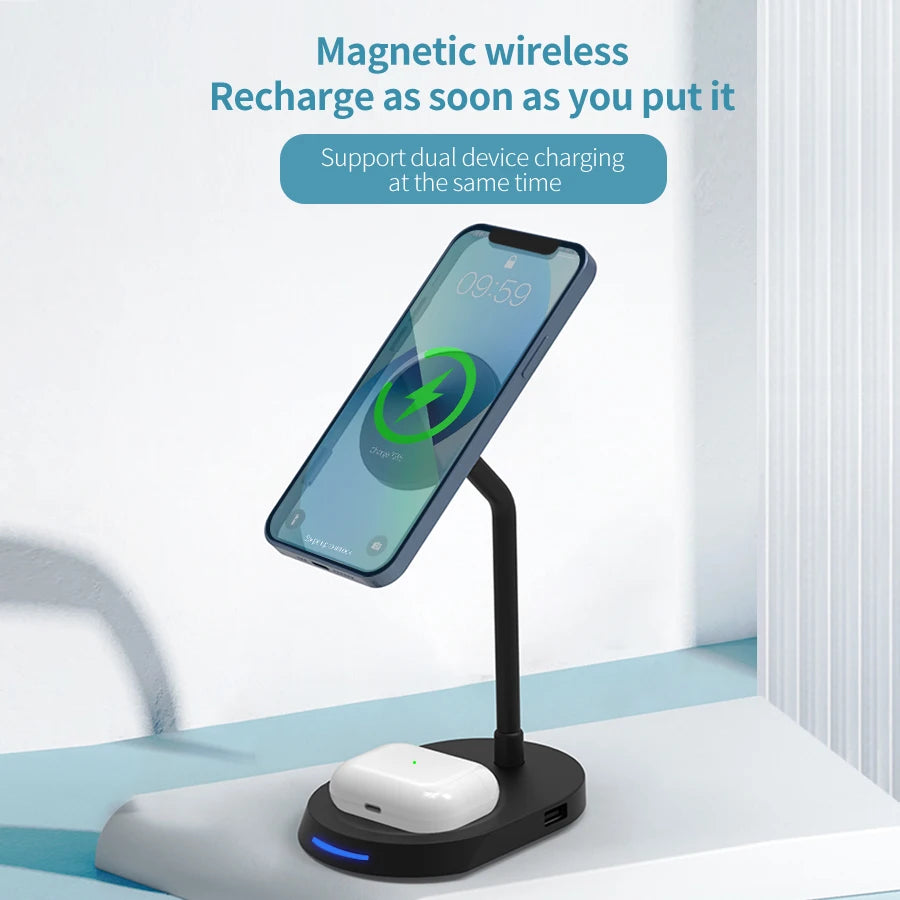 15w magnetic dual wireless charging stand for phone and earbuds support two devices