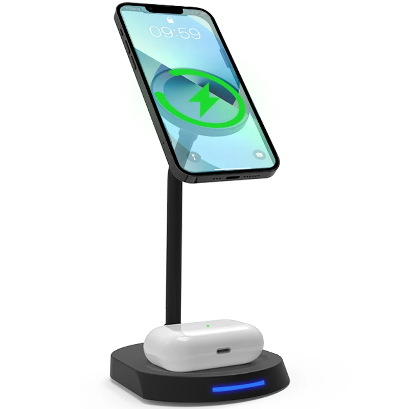 15w magnetic dual wireless charging stand for phone and earbuds