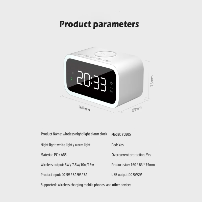15w wireless charging alarm clock parameters