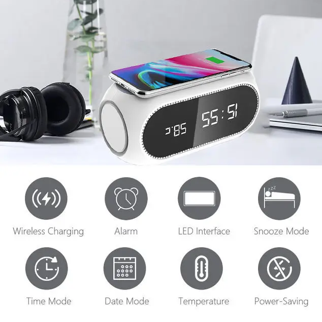 15w wireless charging alarm clock with temperature sensor features