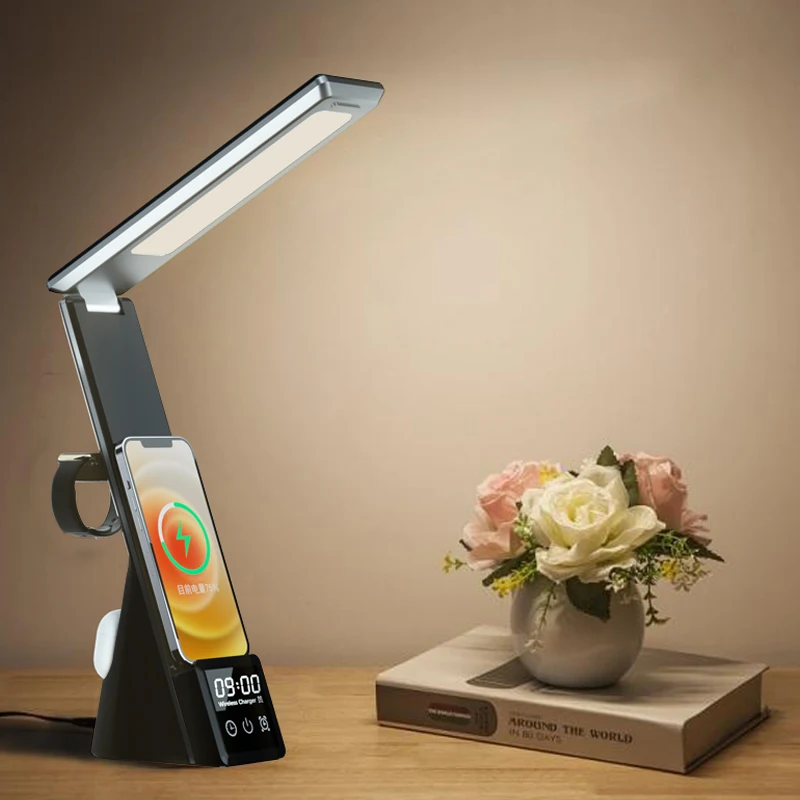 15w wireless charging foldable stand led desk lamp alarm clock