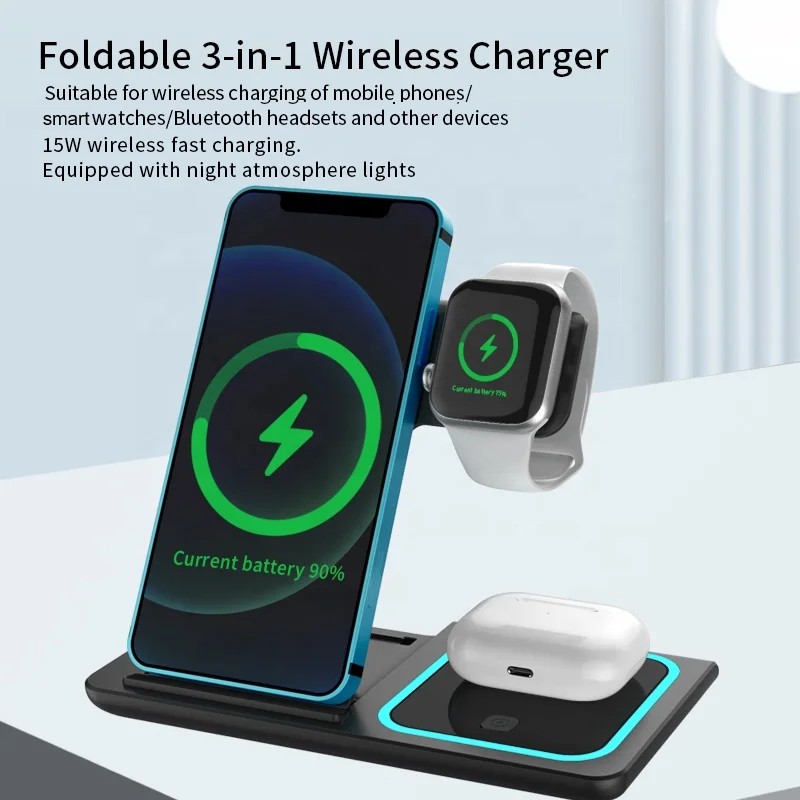 3 in 1 15w foldable portable wireless charging station dock charge phone watch earbuds