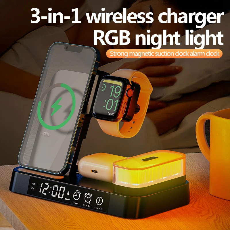 3 in 1 foldable wireless charging alarm clock multi color touch night light bedside example