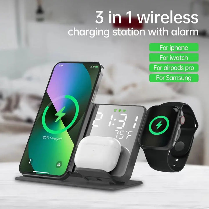 3 in 1 wireless charging alarm clock display with temperature sensor features