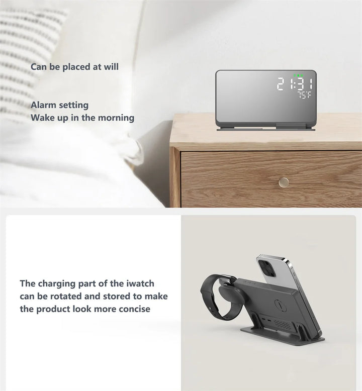 3 in 1 wireless charging alarm clock display with temperature sensor placement and functions