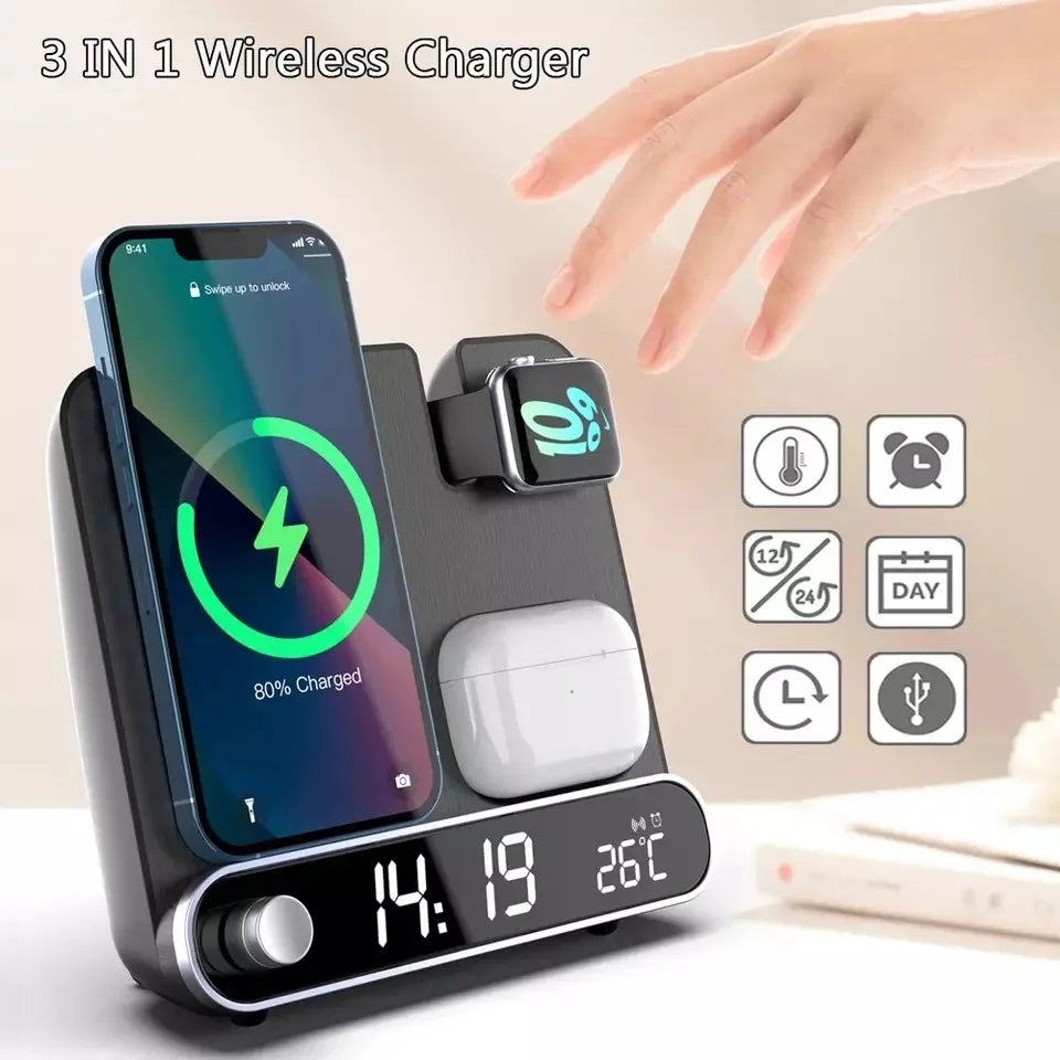 3 in 1 wireless charging alarm clock metallic texture stand clock featuress