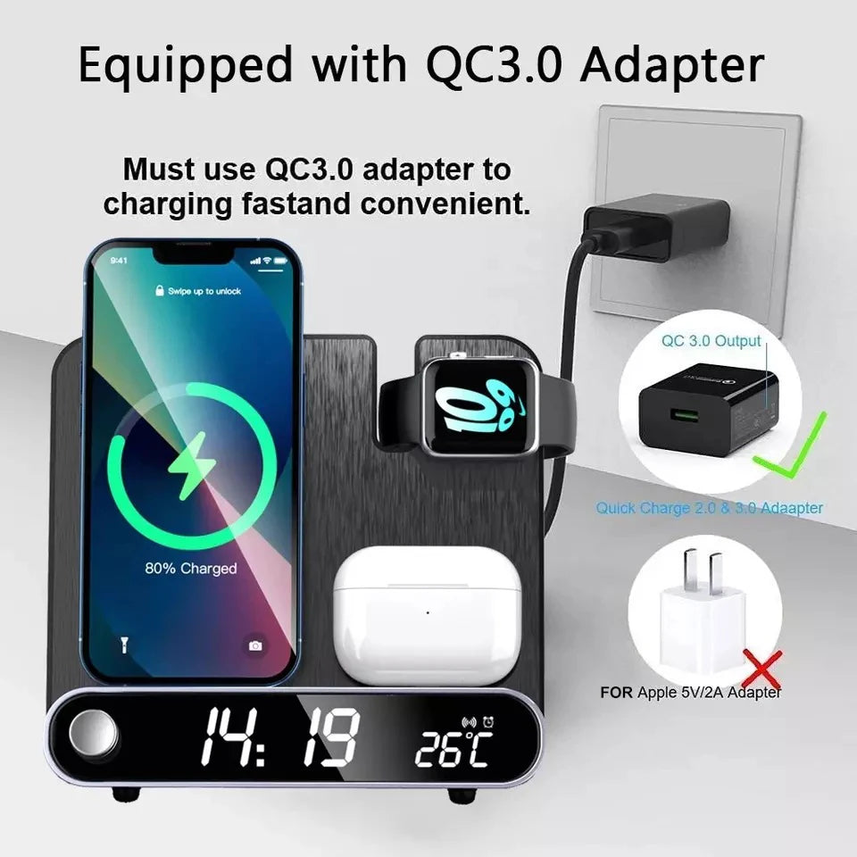 3 in 1 wireless charging alarm clock metallic texture stand quick charge 3.0