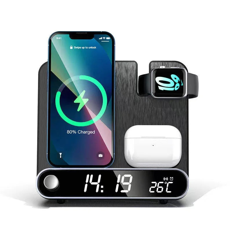 3 in 1 wireless charging alarm clock metallic texture stand