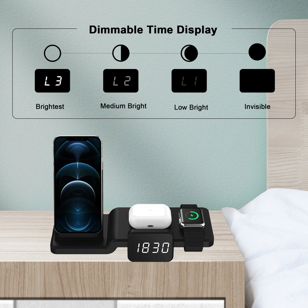 3 in 1 wireless charging alarm clock stand dimmable display