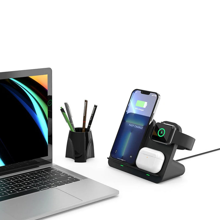 3 in 1 wireless charging stand angled desk side organization