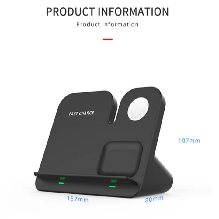 3 in 1 wireless charging stand angled product dimensions