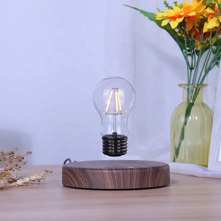 levitating floating magnetic light bulb wood texture base
