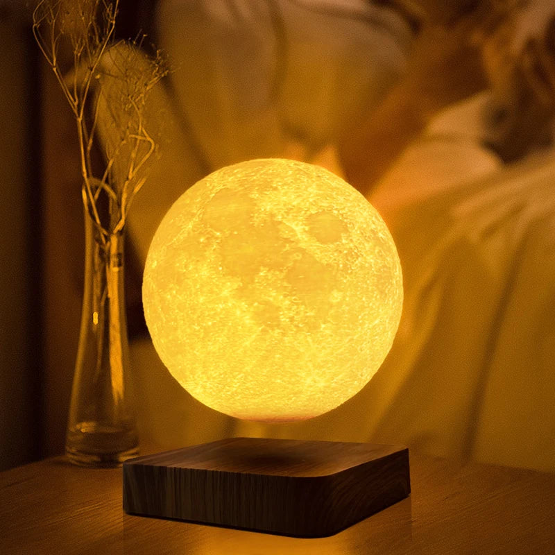 levitating floating magnetic moon lamp wood texture base dark