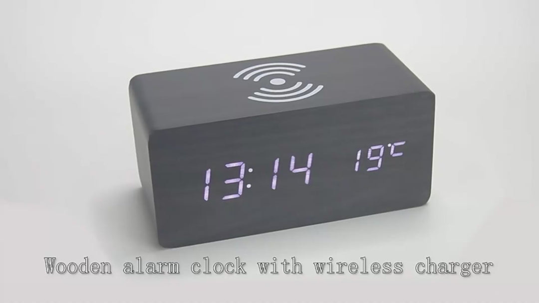 10w qi wireless charging wood texture alarm clock demo