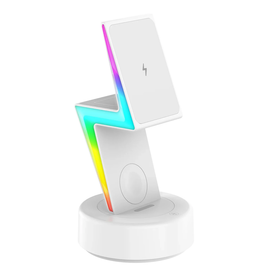 rgb 3 in 1 wireless charging lightning bolt stand white