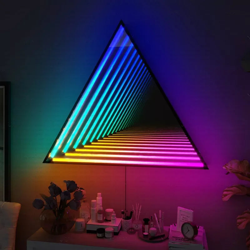 rgb infinite triangle layer corridor illusion wall light front view
