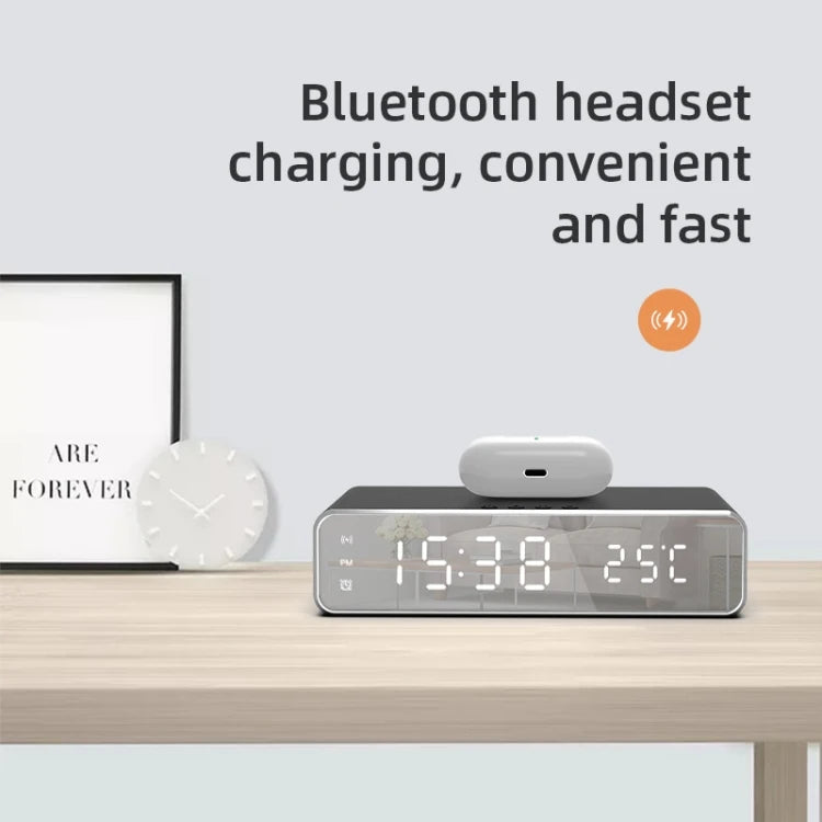 wireless charging alarm clock temperature display bluetooth earbud charging supported