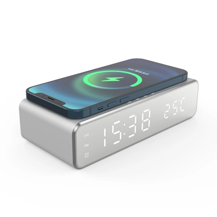 wireless charging alarm clock temperature display silver
